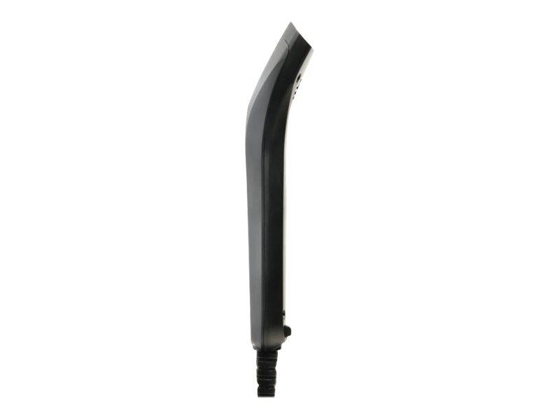 Schwarzes gekrümmtes Kunststoffwerkzeugaufsatz, shown in side view auf weißem Hintergrund.