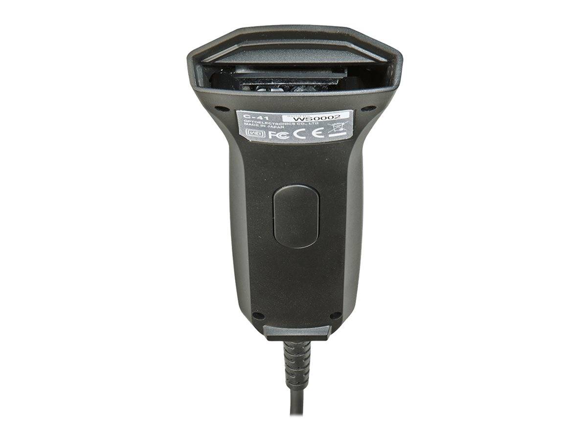 Schwarzer tragbarer Barcode-Scanner mit Kabel, shown in Vorderansicht auf weißem Hintergrund.