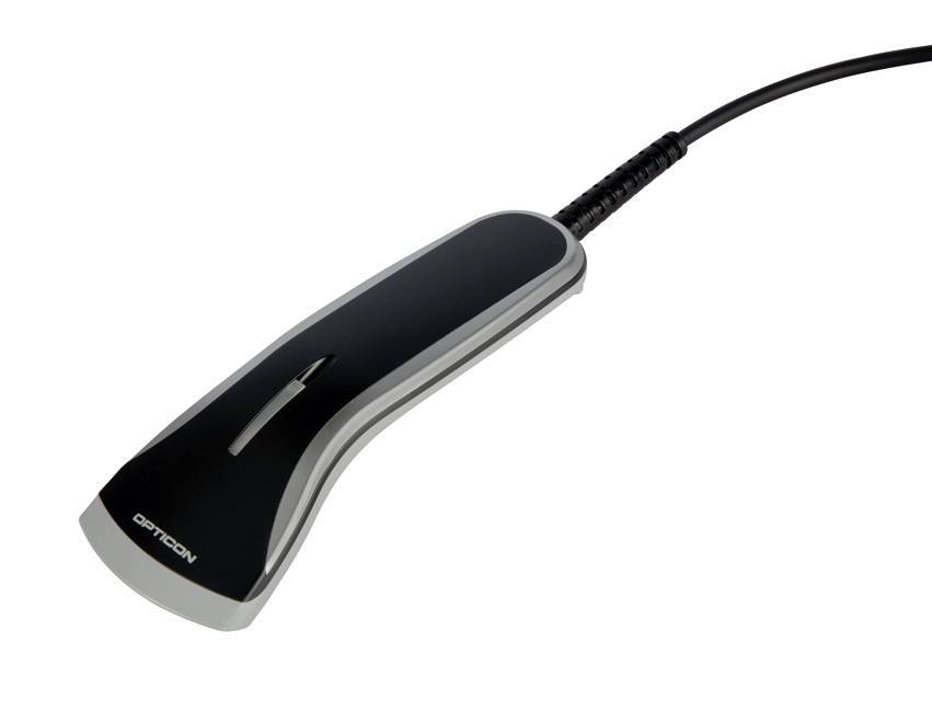 Black Opticon Handbarcode-Scanner mit Kabel, gezeigt auf weißem Hintergrund.