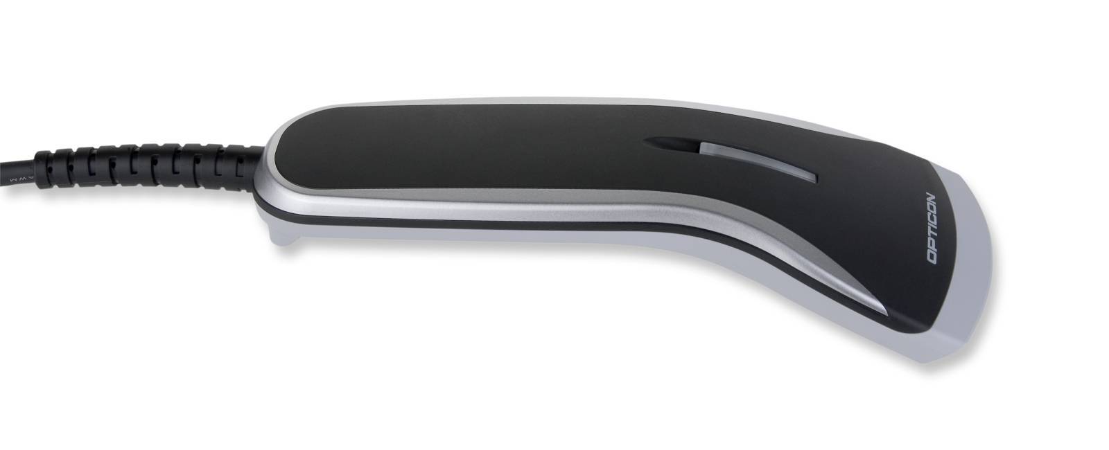 Schwarzer ergonomischer kabelgebundener tragbarer Barcode-Scanner auf weißem Hintergrund