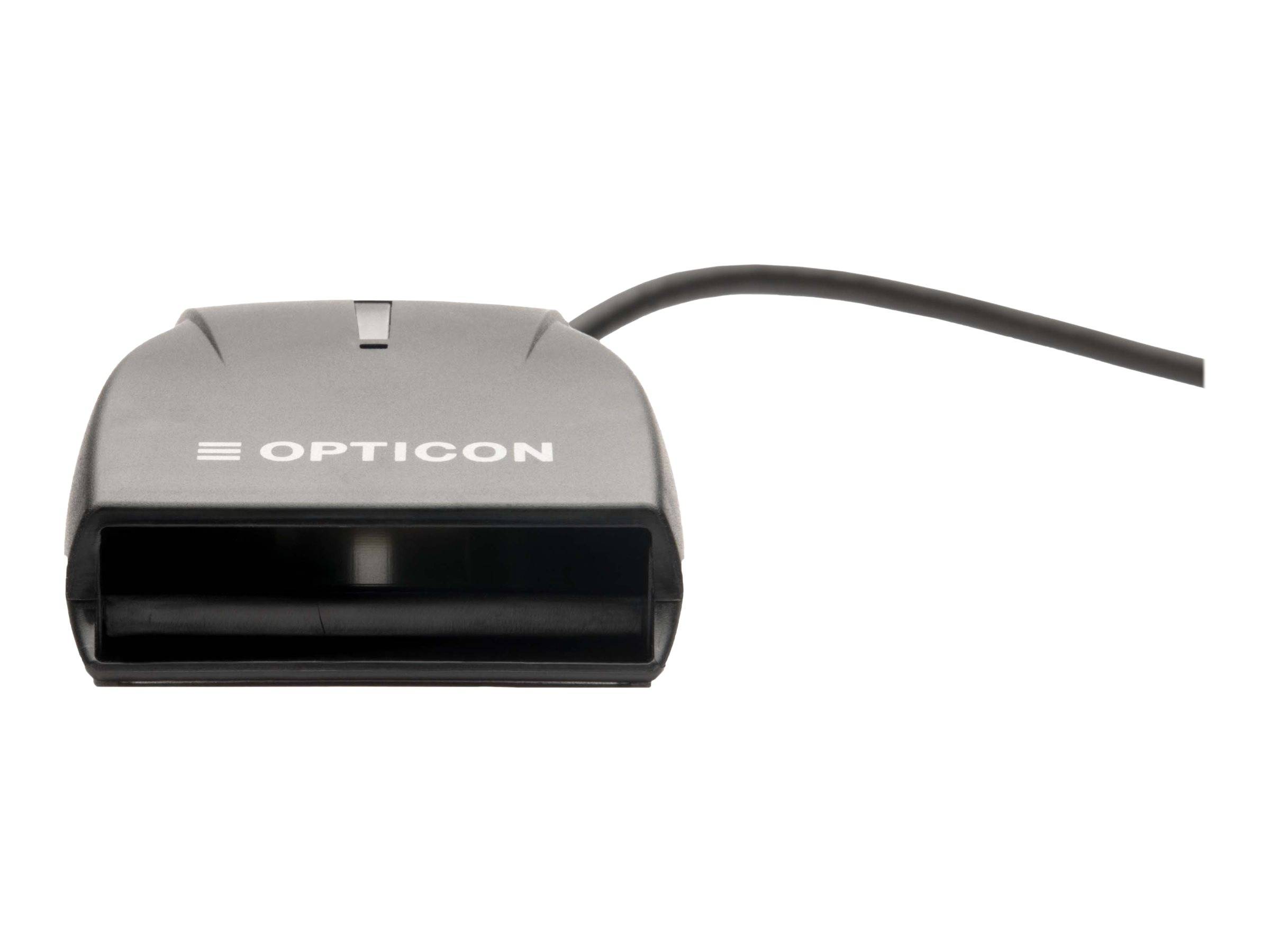 Kleiner grauer Opticon-Barcode-Scanner mit schwarzem Kabel auf weißem Hintergrund.