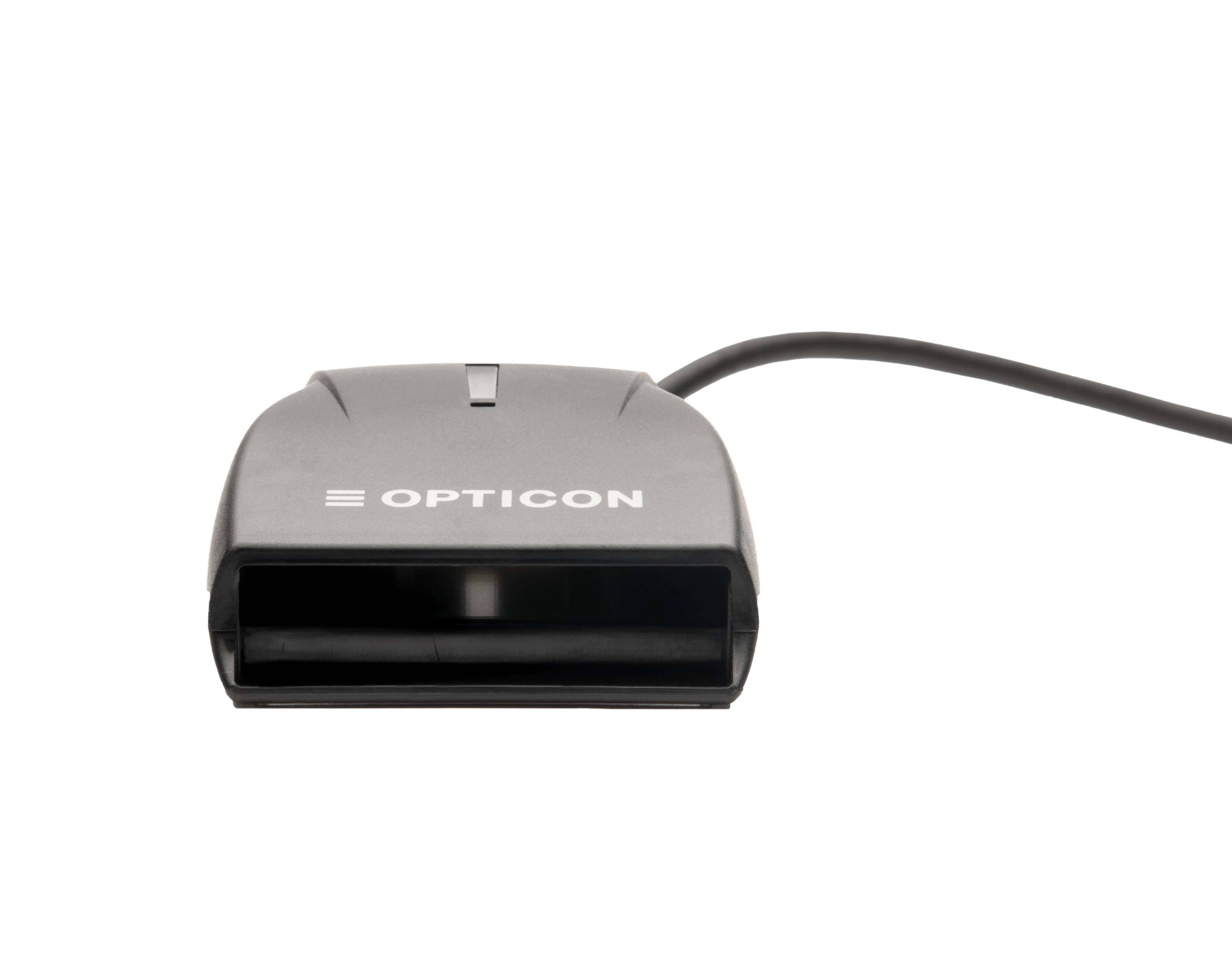 Black Opticon Barcode-Scanner mit Kabel, von vorne auf weißem Hintergrund gezeigt.