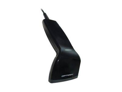 Schwarzer tragbarer Barcode-Scanner mit angekoppeltem Kabel, dargestellt auf weißem Hintergrund.