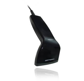 Schwarzer tragbarer Strichcode-Scanner Opticon mit Kabel, gezeigt auf weißem Hintergrund.