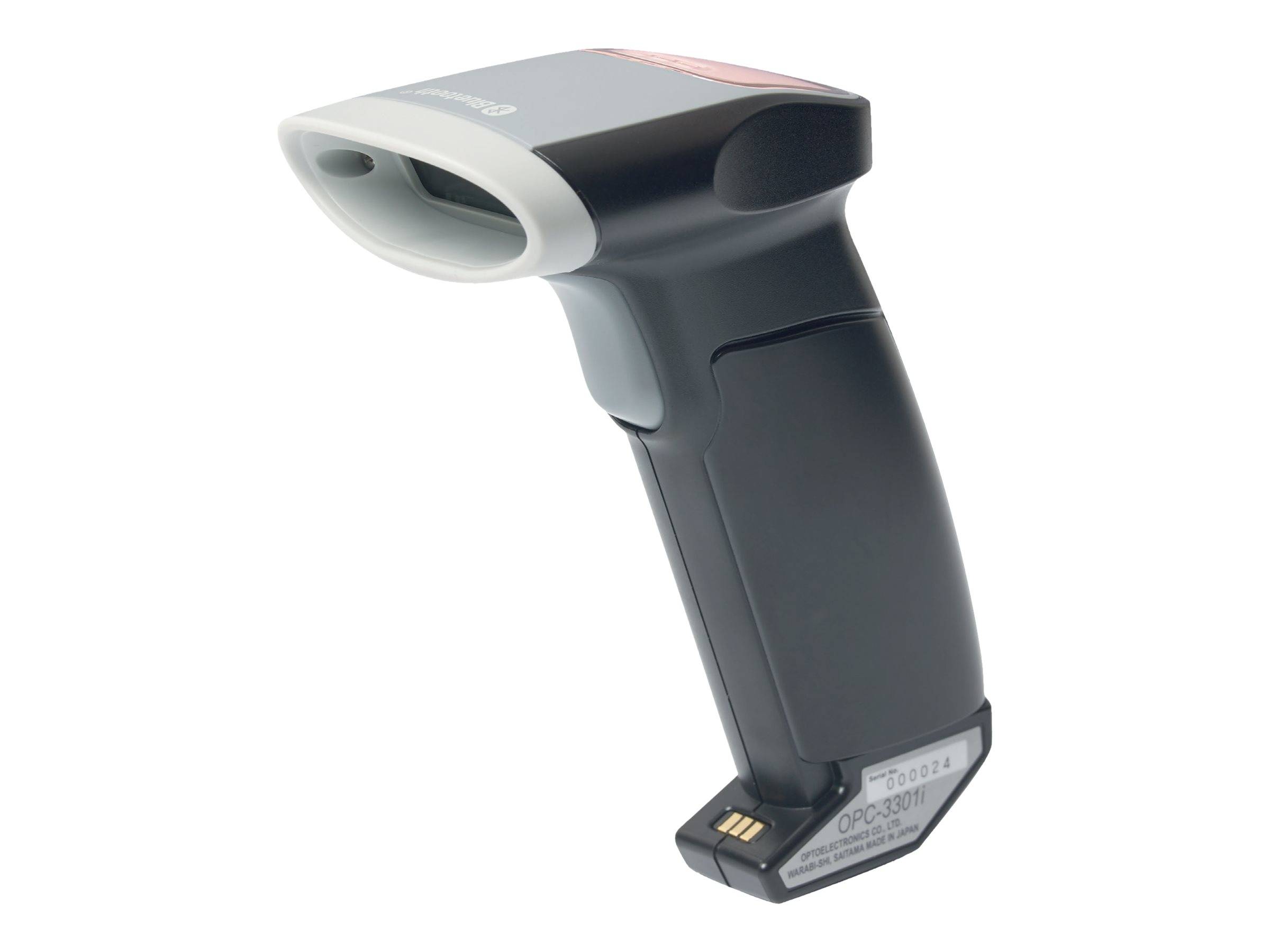 Tragbarer Barcode-Scanner-Pistole mit schwarzem Griff und silbernem Kopf, shown on a white background.