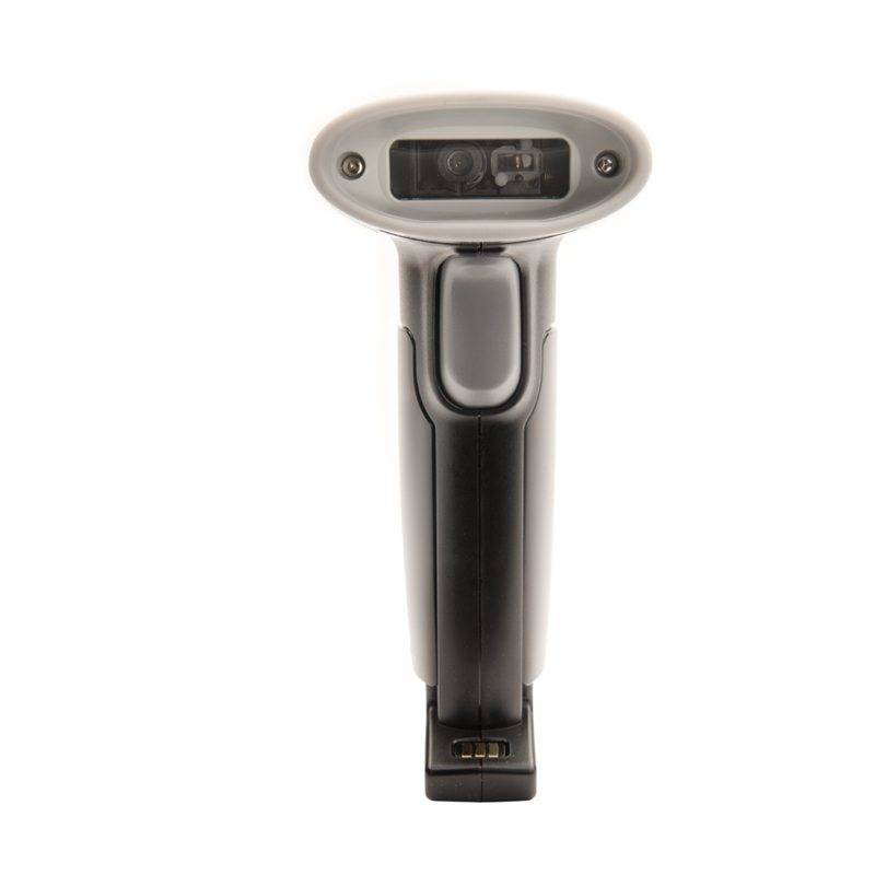 Tragbarer Barcode-Scanner aufrecht auf weißem Hintergrund dargestellt.