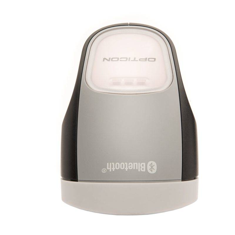 Ein Bluetooth Opticon-Gerät, Vorderansicht auf weißem Hintergrund, mit transparentem oberen Fenster und grau-schwarzem Gehäuse.
