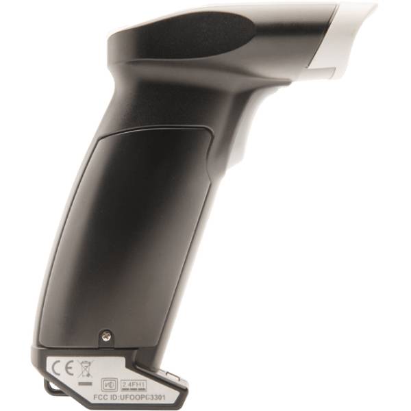 Tragbarer Barcode-Scanner schräg nach links ausgerichtet, schwarz und silberfarben, mit Abzugsgriff und Scankopf auf weißem Hintergrund.