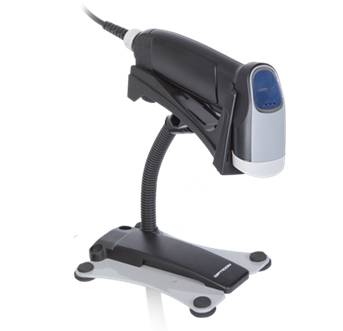 Tragbarer Barcode-Scanner in einer Halterung, auf weißem Hintergrund dargestellt.