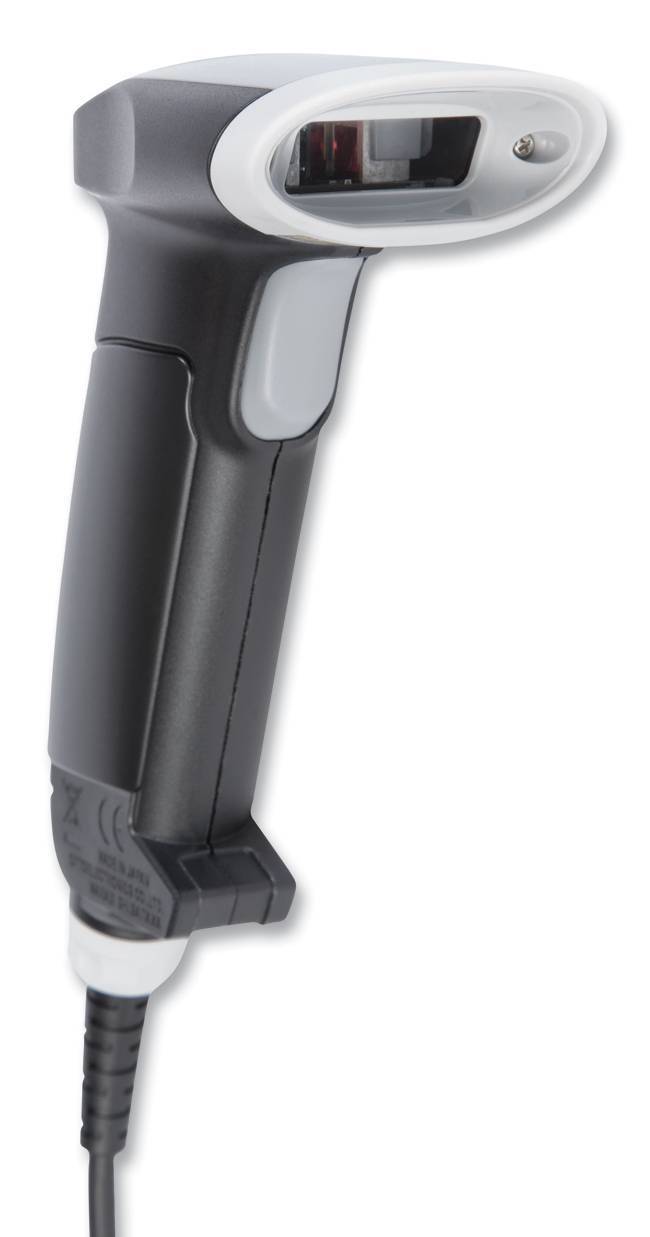Tragbarer Barcode-Scanner mit Abzuggriff und Kabel, dargestellt auf weißem Hintergrund.