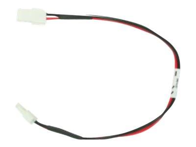 Kurzes schwarz-rotes Elektrokabel mit weißen Steckern an beiden Enden, abgebildet auf einfachem Hintergrund.