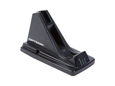 Schwarze Opticon-Ladeschale mit Dock, geneigter Halter für tragbare Scanner oder Geräte.