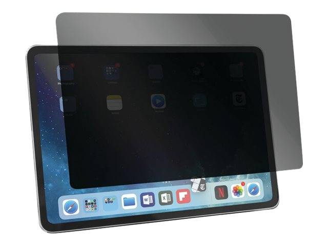 Tablet-Bildschirm durch einen dunklen Datenschutzfilter betrachtet, zeigt einen gedimmten Startbildschirm und Dock-Symbole.
