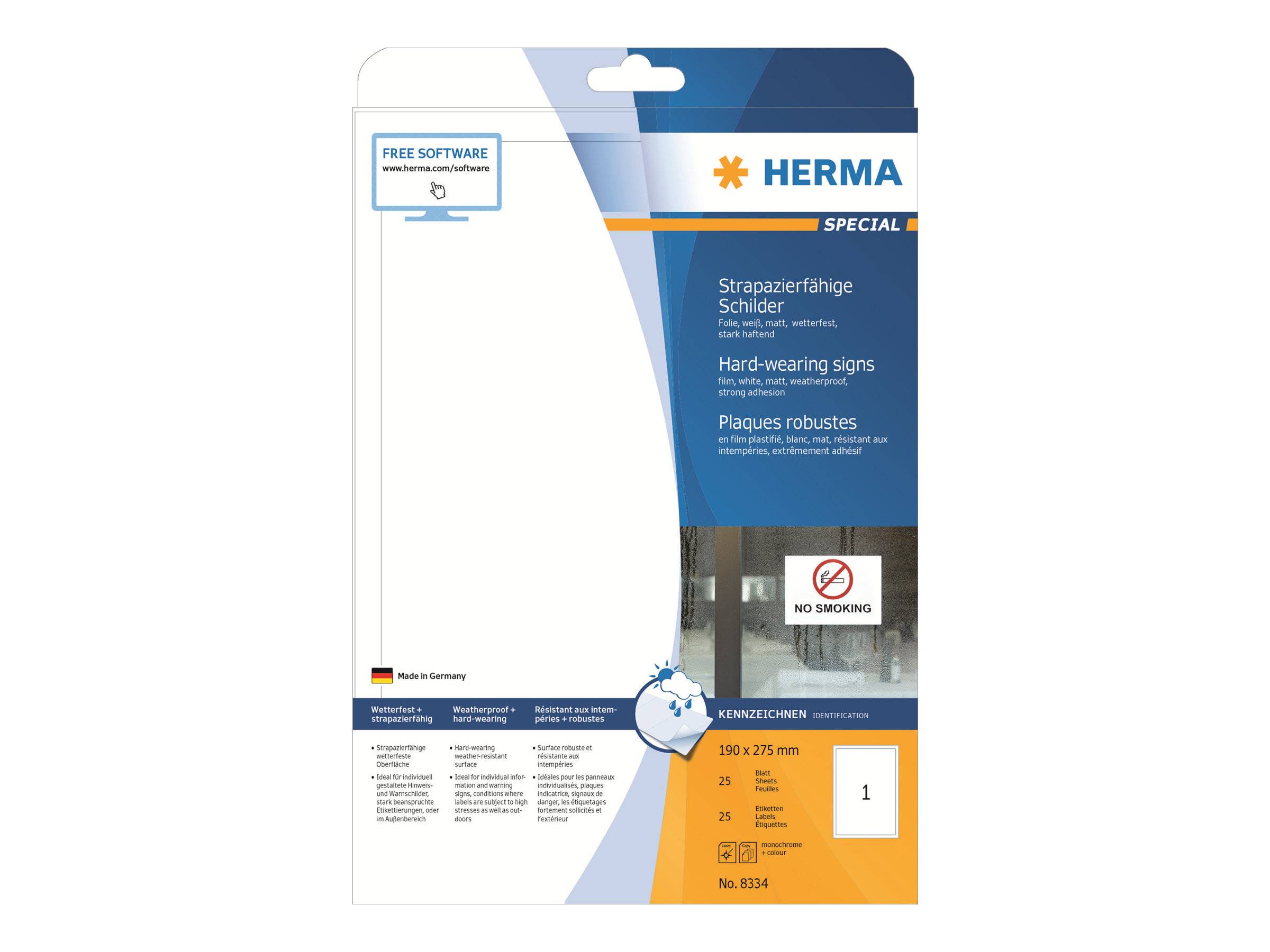 Verpackte HERMA 'SPECIAL' robuste Schilder, mit einem Beispieletikett 'RAUCHEN VERBOTEN' und Produktdetails auf der Vorderseite.
