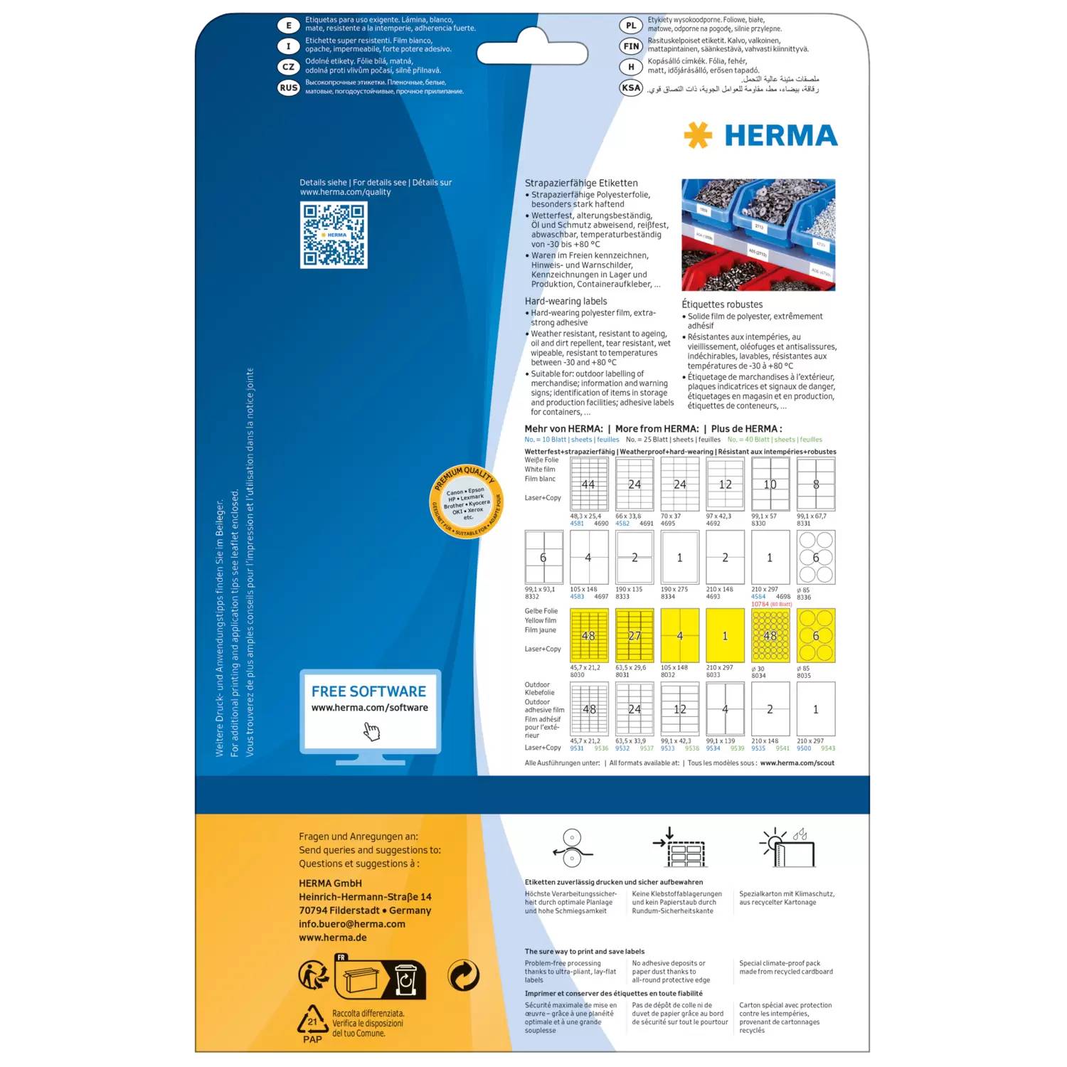 # HERM A Etikett-Verpackungseinsatz mit mehrsprachigen Produktdetails, QR-Code, Software-Download und Etikett-Größen-/Layout-Diagrammen.