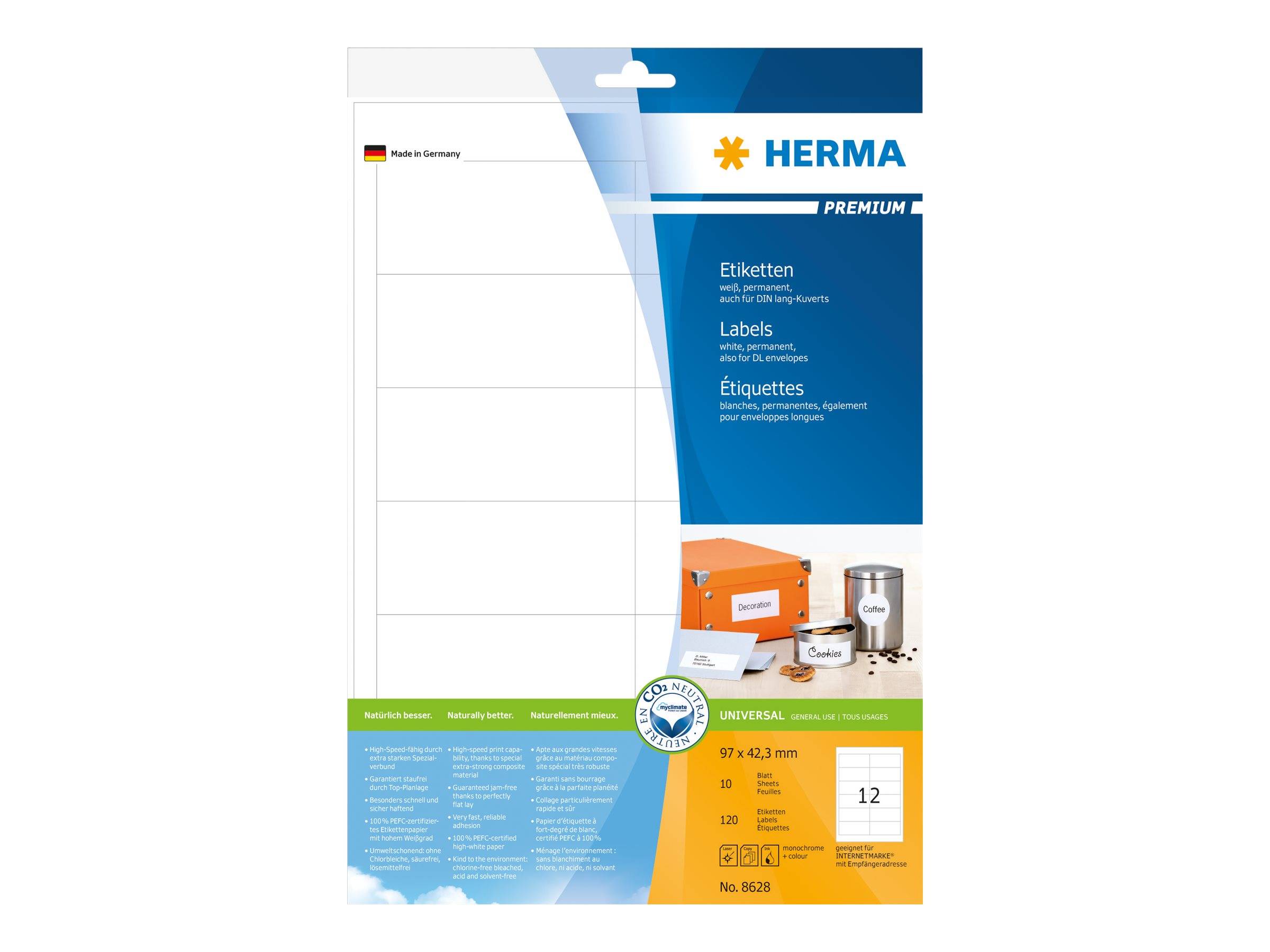 HERMA Premium - Papier - matt - permanent selbstklebend - weiß - 97 x 42.3 mm 120 Etikett(en) (10 Bogen x 12)