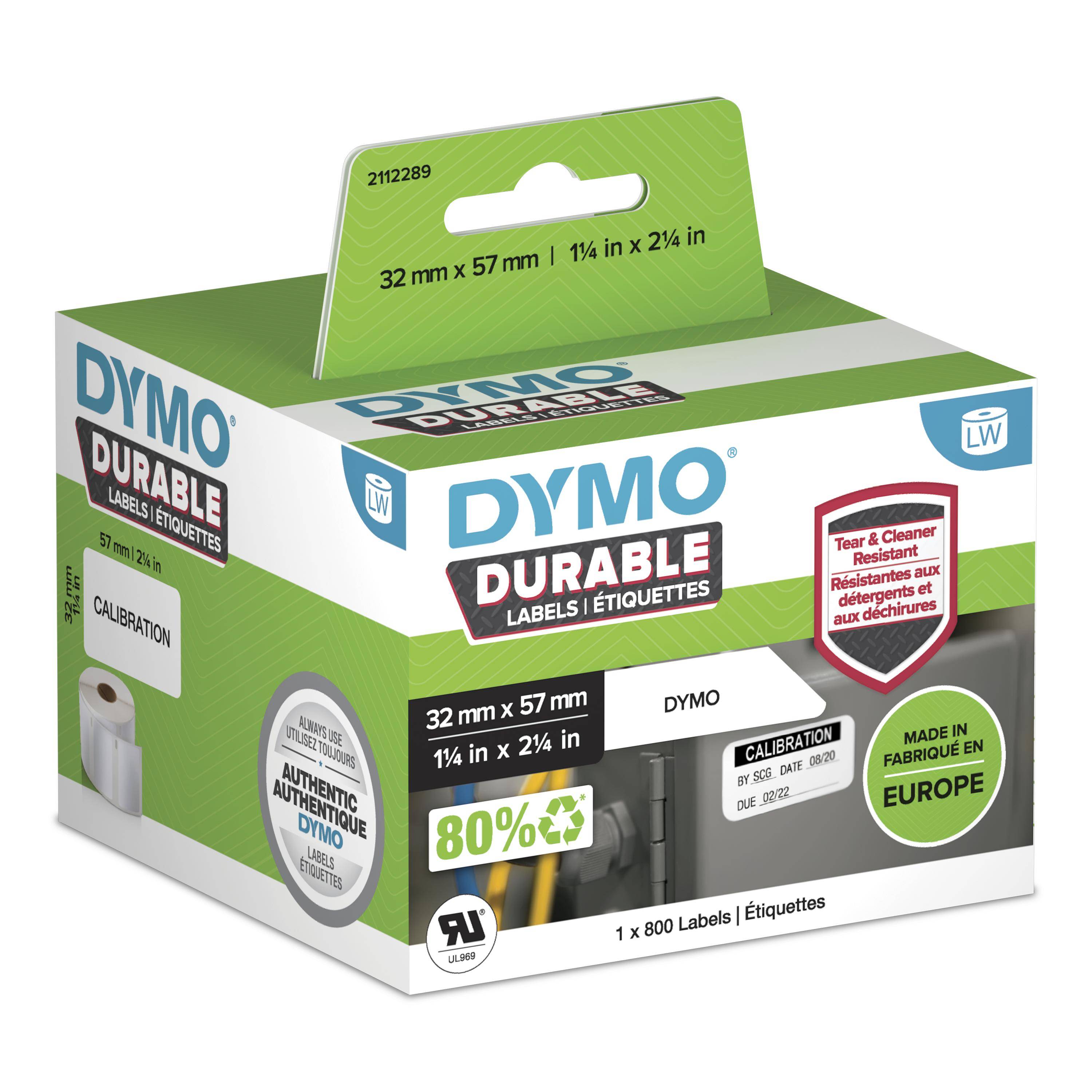 Eine Schachtel DYMO-Haltbarkeitsetiketten, 32 mm x 57 mm, 1.800 Etiketten, gezeigt in grün-weißer Verpackung mit Haltbarkeits- und Kalibrierungsfunktionen.
