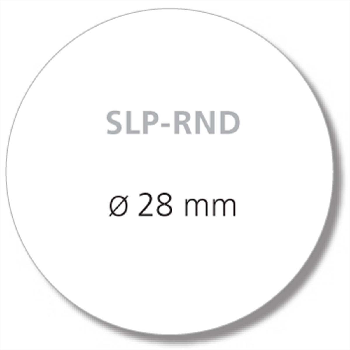 Weißes rundes Etikett mit der Aufschrift „SLP-RND