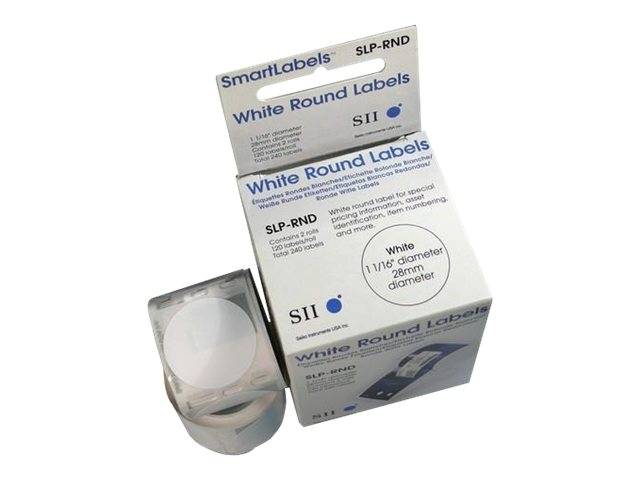 Schachtel SmartLabels weiße runde Etiketten mit einer durchsichtigen Rolle von Rundetiketten daneben.
