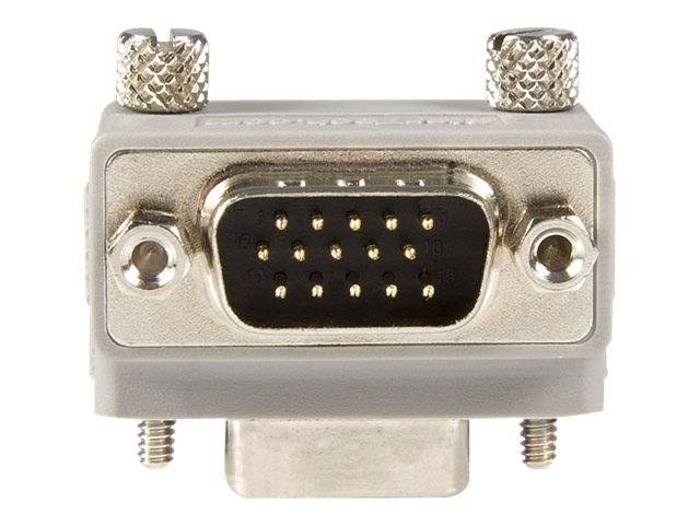 Nahaufnahme eines Metall-VGA-Steckers mit 15 Stiften und zwei Schraubpfosten auf weißem Hintergrund.