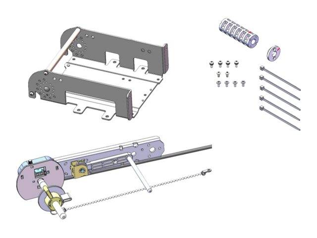 Explosionszeichnung eines mechanischen Geräts, das das Hauptträgergehäuse, Motor-/Zahnradteile, Befestigungselemente und einen gekoppelten Betätigungsmechanismus mit Stange und Kette zeigt.
