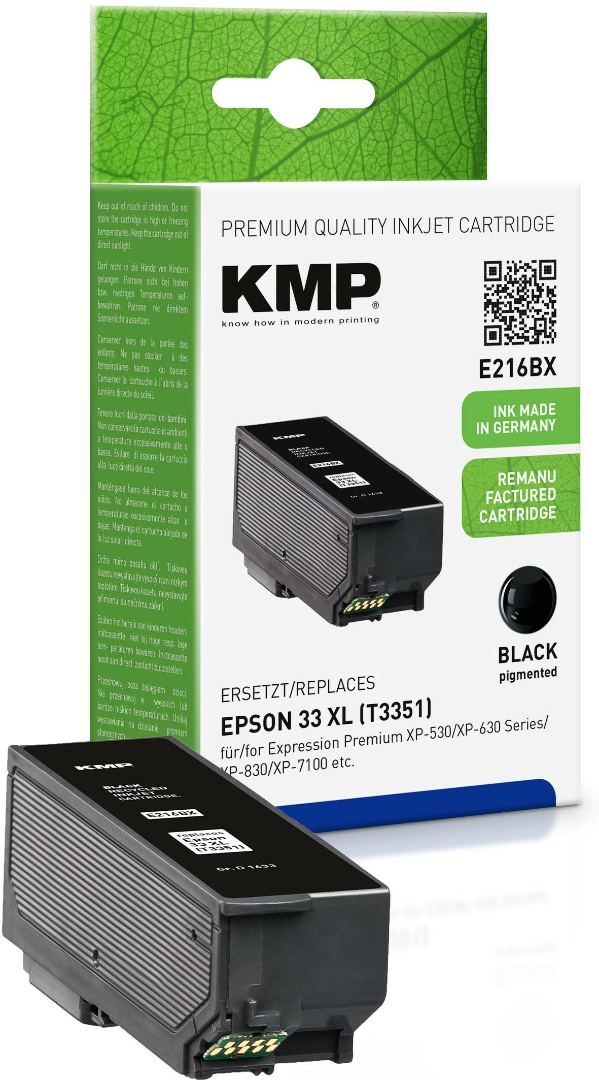 Schwarzes Premium-Tintenstrahlpatronen-Set und Patrone mit der Bezeichnung KMP E216BX, kompatibel mit Epson 33 XL/T3351-Druckern.