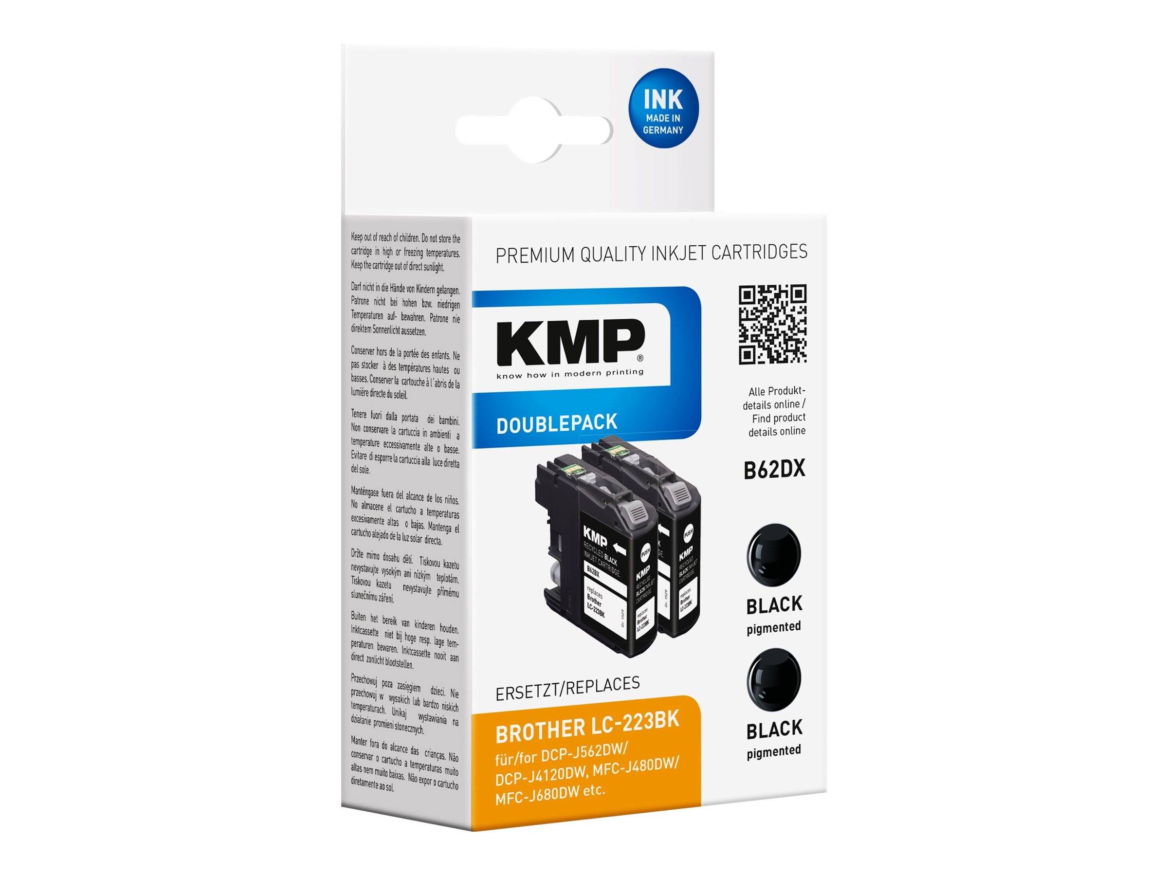 KMP Premium-Qualität Tintenstrahlpatrone Doppelpack-Karton für Brother LC-223BK schwarze Pigmenttinte, mit QR-Code und Produktdetails.