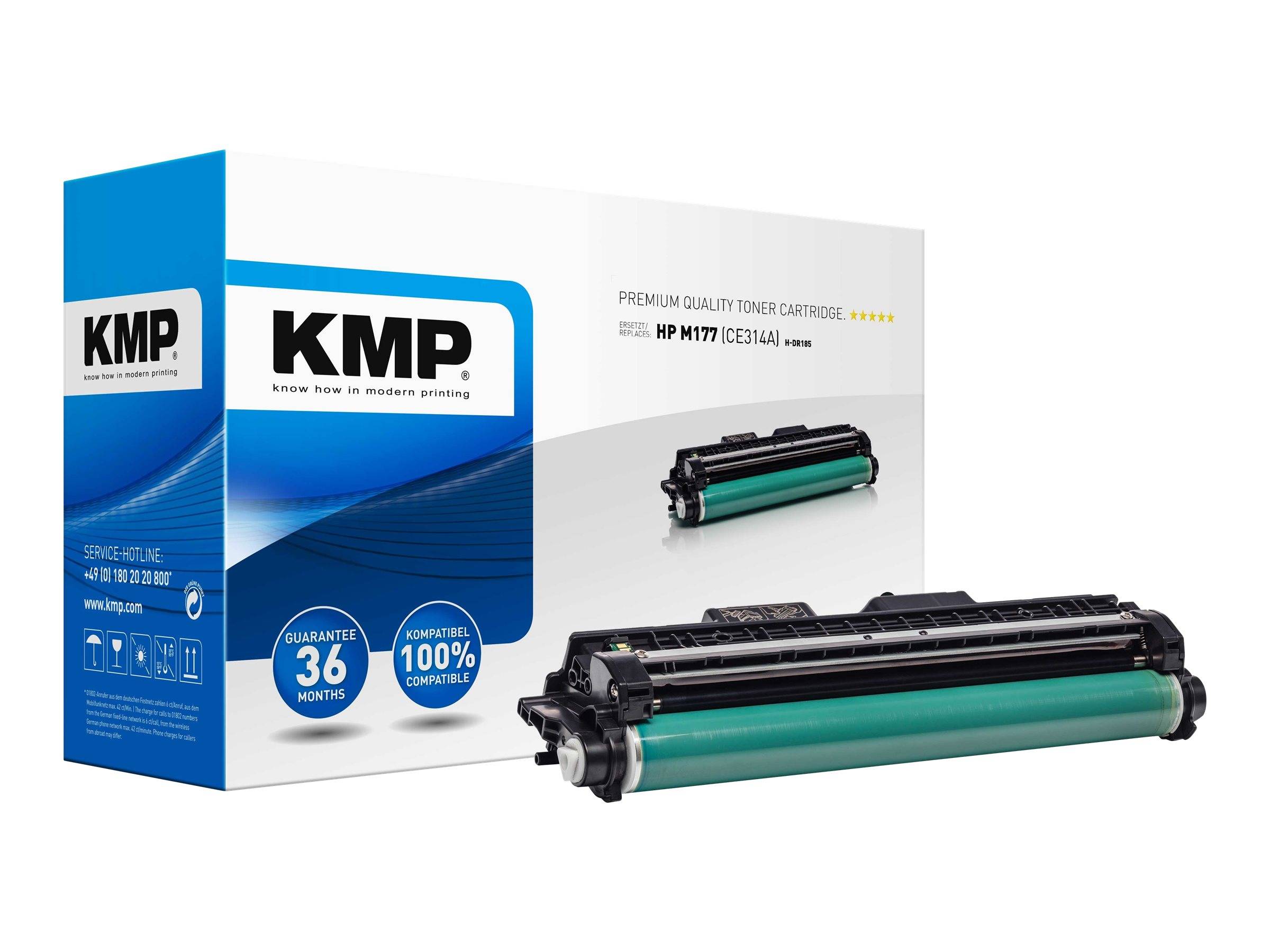 KMP Premium-Qualität Tonerpatrone Karton für HP M177/CF231A, mit einer schwarzen Tonerpatrone abgebildet daneben.