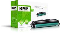 Produktabbildung von KMP-Druckertoner-Kartuschen und grüner KMP-Verpackung, zeigt eine Kartusche in Großaufnahme und eine kleinere Kartusche im Inset.