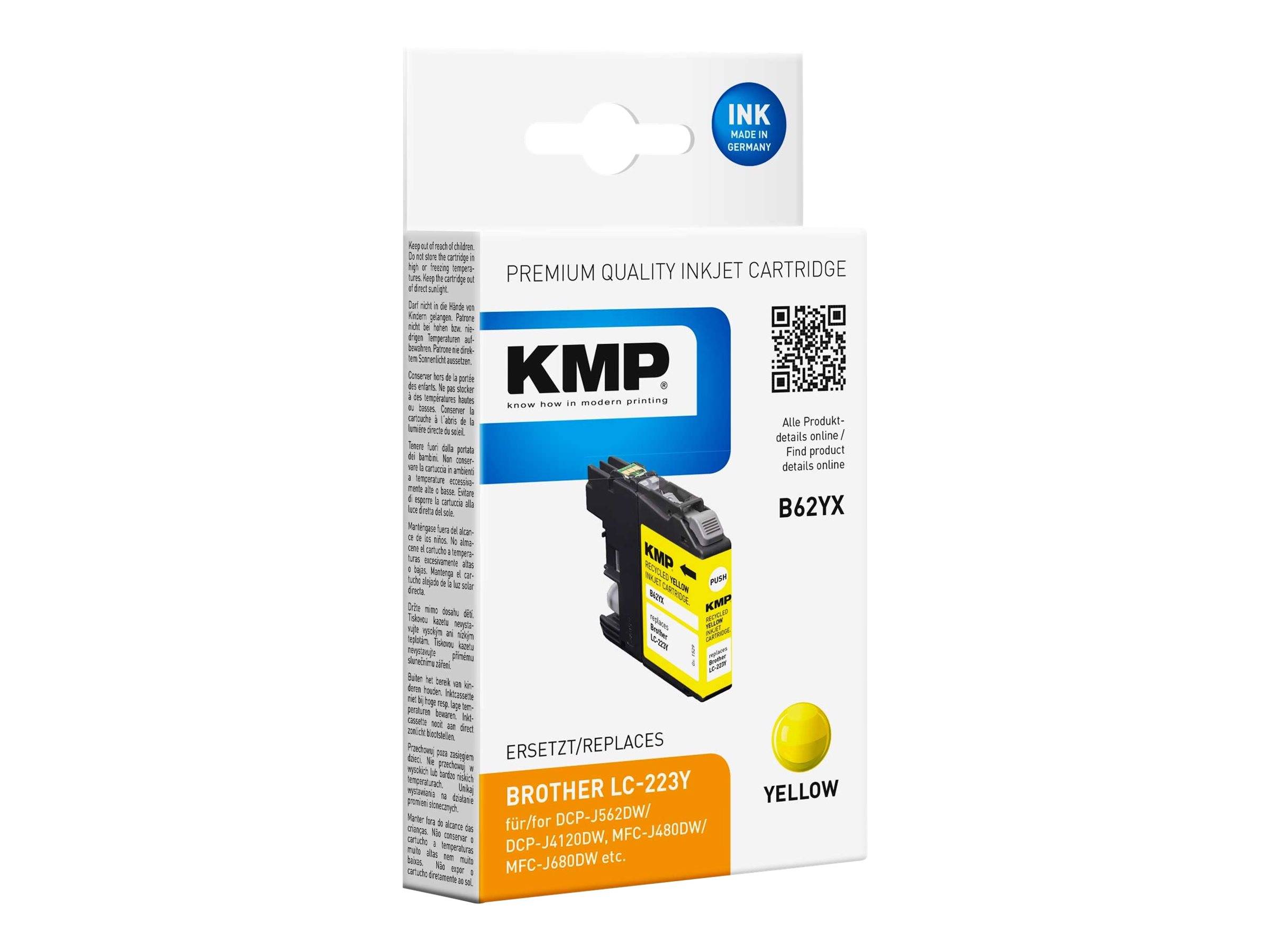 Schachtel mit KMP Premium-Qualität Tintenstrahlpatrone, gelb, mit Bezeichnung „B62YX