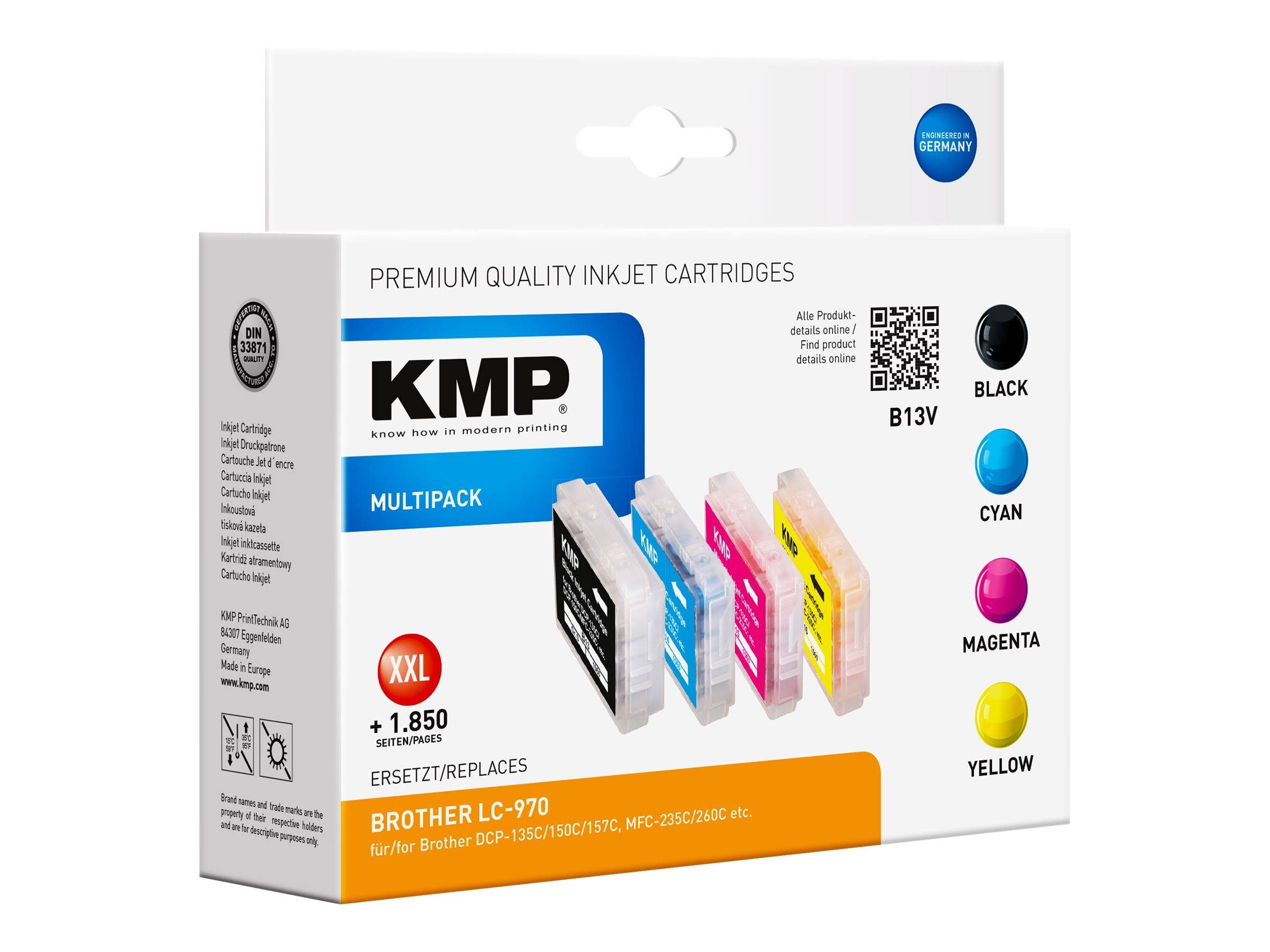KMP Multipack Premium Tintenpatronen für Brother LC-970 Drucker, zeigt schwarze, cyan, magenta und gelbe Tinten mit Ergiebigkeit von 1.850 Seiten.