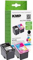 Verpackung für KMP Premium-Qualität Tintenpatronen, zeigt schwarze und farbige Multipack-Patronen mit einem Druckerbild und Kompatibilitätsdetails.
