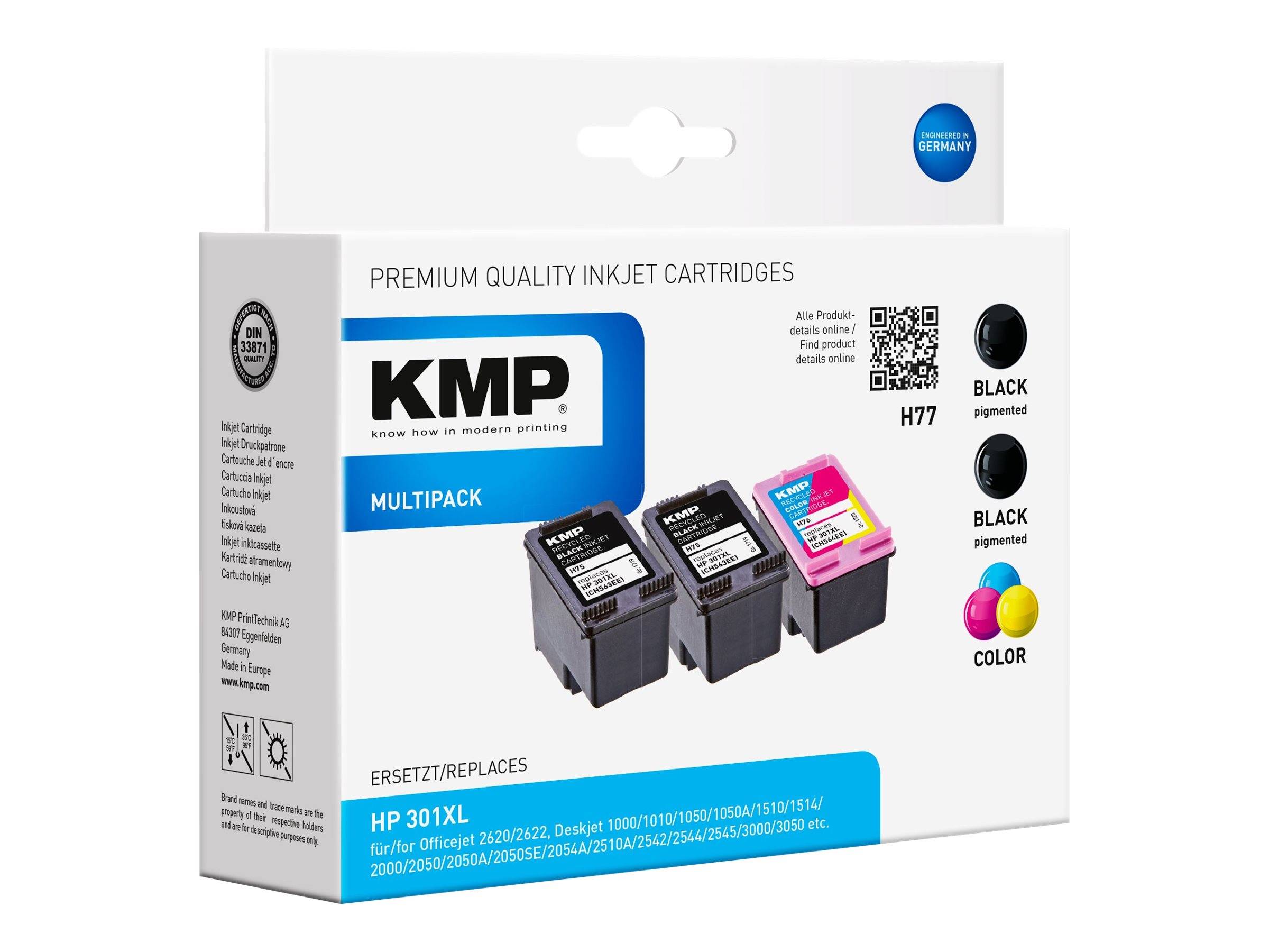 KMP Multipack Premium Tintenpatronen, bestehend aus zwei schwarzen und einer farbigen Patrone, für HP 301XL Drucker.