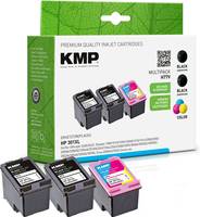 KMP Premiumqualität Tintenstrahlpatronen Verpackung mit drei Patronen, einschließlich schwarzer und farbiger Optionen, auf einer Produktschachtel.