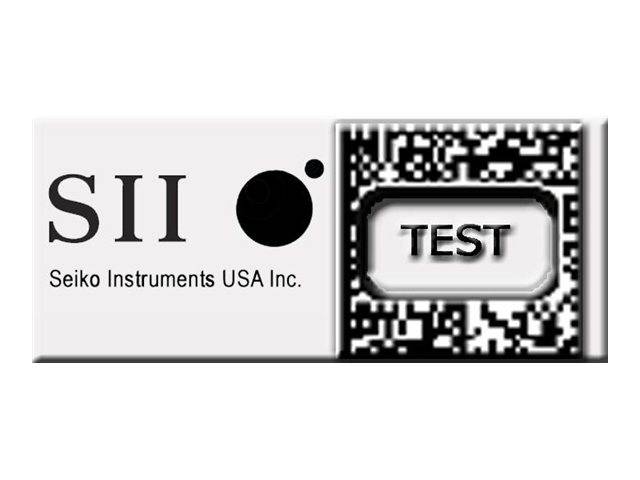 Seiko Instruments USA Inc. Etikett mit SII-Logo und einem Schwarzweiß-QR-Code-Block mit der Bezeichnung „TEST