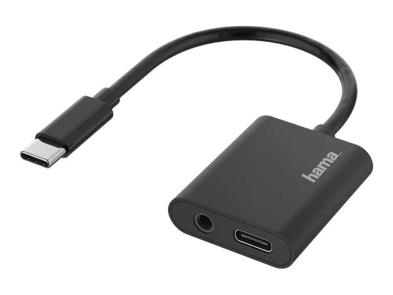 Hama 2in1 - USB-C zu Kopfhöreranschluss / Ladeadapter - USB-C männlich bis Stereo Mini-Klinkenstecker, USB-C weiblich - Schwarz - USB-Stromversorgun