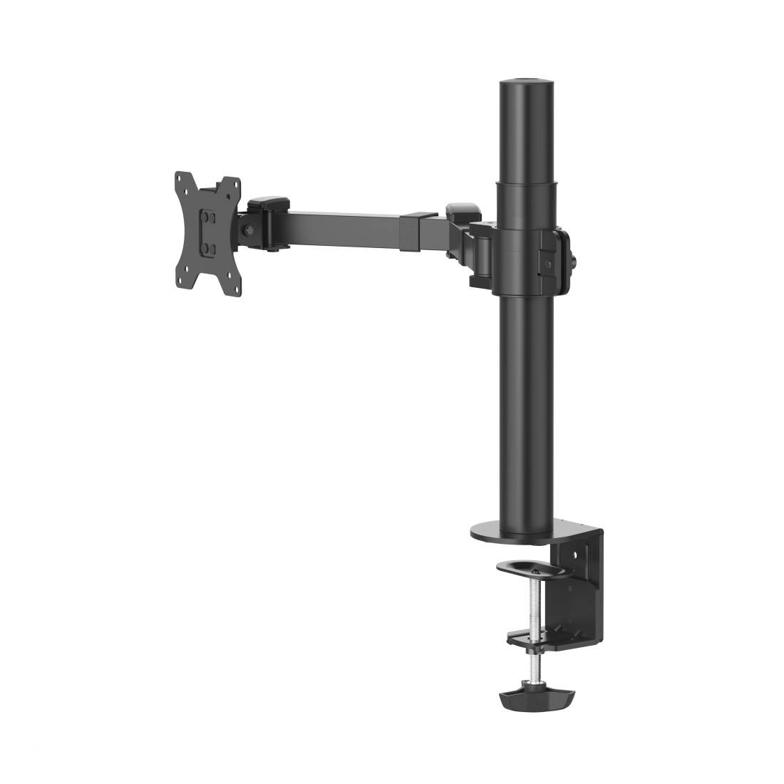 Verstellbare Monitorhalterung mit Klemmfuß, vertikalem Ständer und schwenkbarem Arm mit VESA-Flachbildschirm-Halterung.