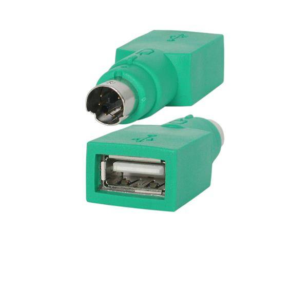 Zwei grüne Adapter/Steckverbinder: ein runder PS/2-ähnlicher Stecker und eine rechteckige USB-Buchse, gezeigt auf weißem Hintergrund.