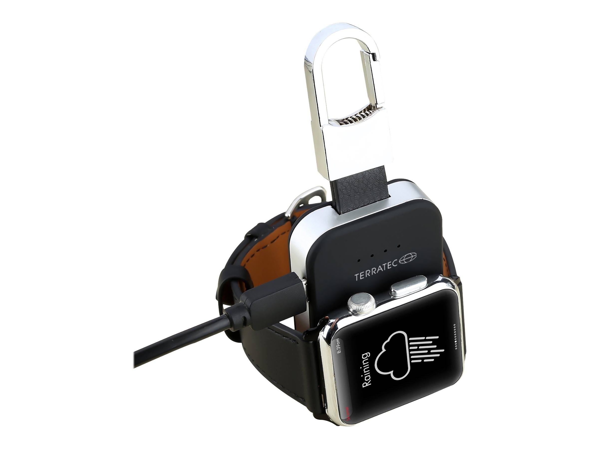 Smartwatch auf einer Ladestation mit Karabinerverschluss, zeigt ein Regenwetter-Symbol an.