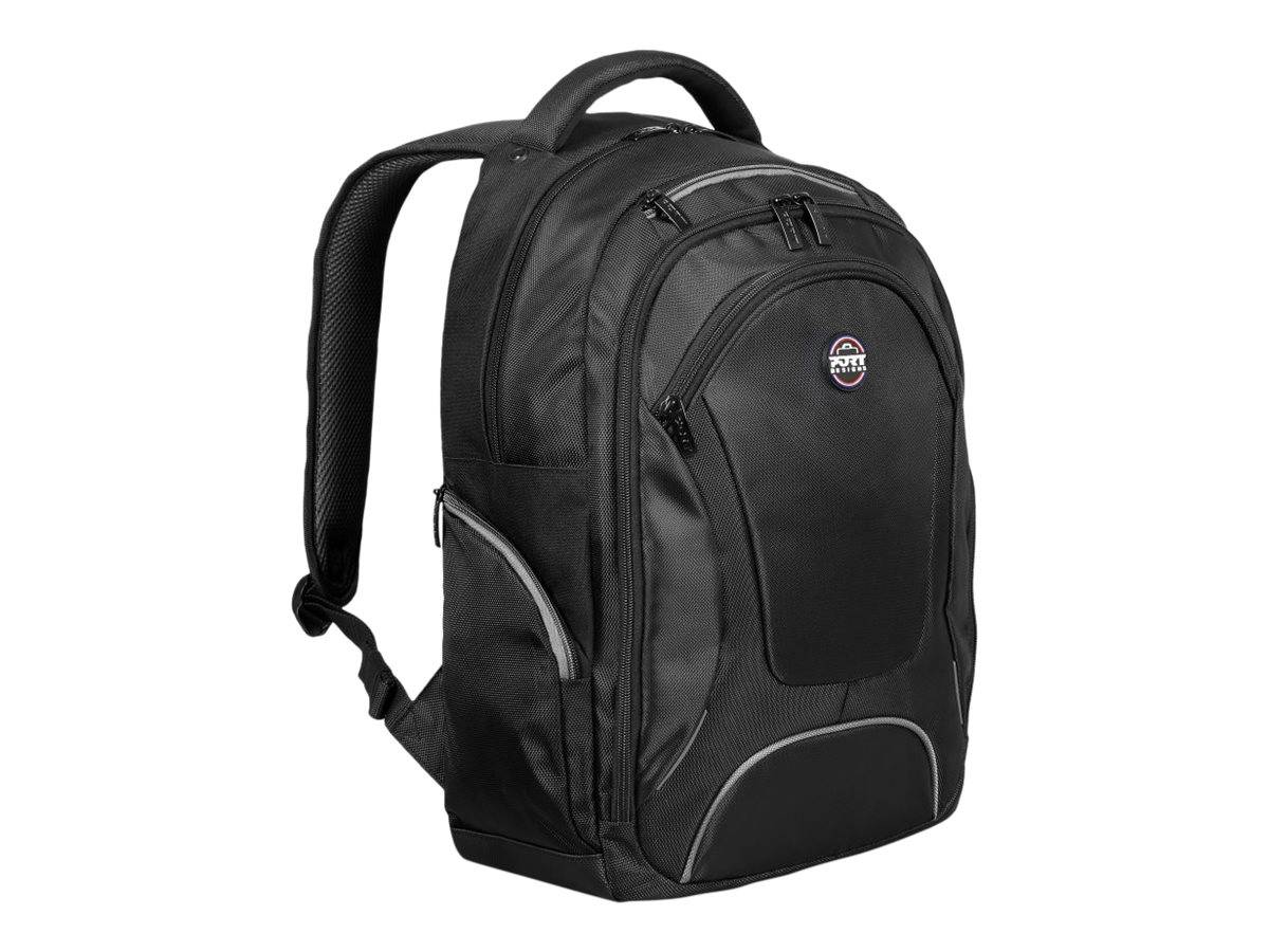 Schwarzer Rucksack mit gepolsterten Schultergurten, Griff oben, mehreren Reißverschlussfächern und einem kleinen runden Logo auf der Vorderseite.