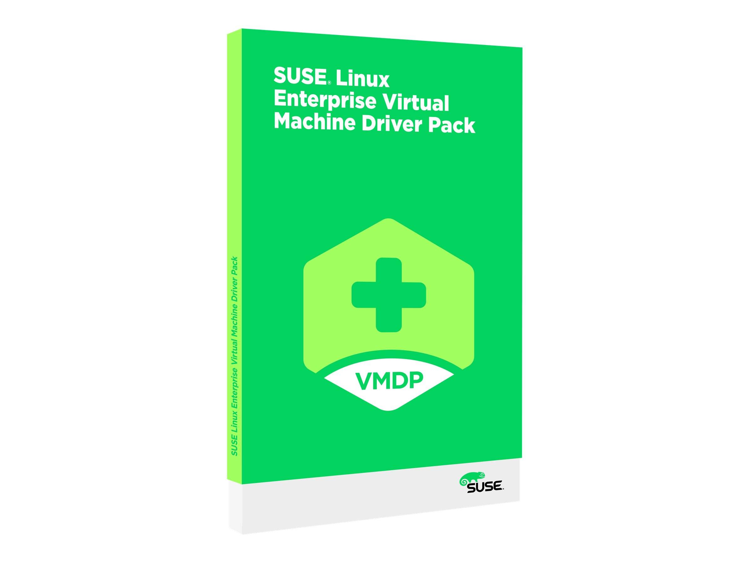 Umschlag für das Paket „SUSE Linux Enterprise Virtual Machine Driver Pack" mit grünem VMDP-Logo und SUSE-Branding