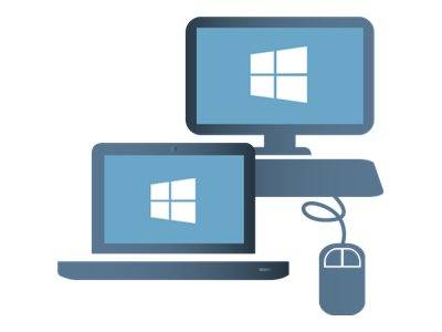 Illustration eines Laptops, der mit einem externen Monitor verbunden ist, auf beiden wird das Windows-Logo angezeigt, mit einer schnurgebundenen Maus auf der rechten Seite.