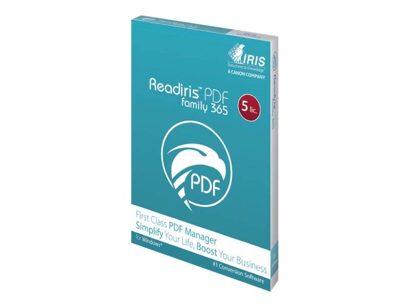 Packung von IRIS Readiris PDF Family 365 Software, beschriftet mit „5 Lizenzen
