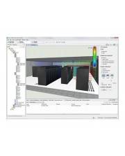 Ein Softwarefenster, das eine 3D-Simulation eines Raums oder Labors mit mehreren dunklen rechteckigen Blöcken, einer Farbskala und Parameterpanels rund um das Modell zeigt.