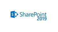 SharePoint 2019-Logo mit blauem SharePoint-Symbol und Text auf weißem Hintergrund