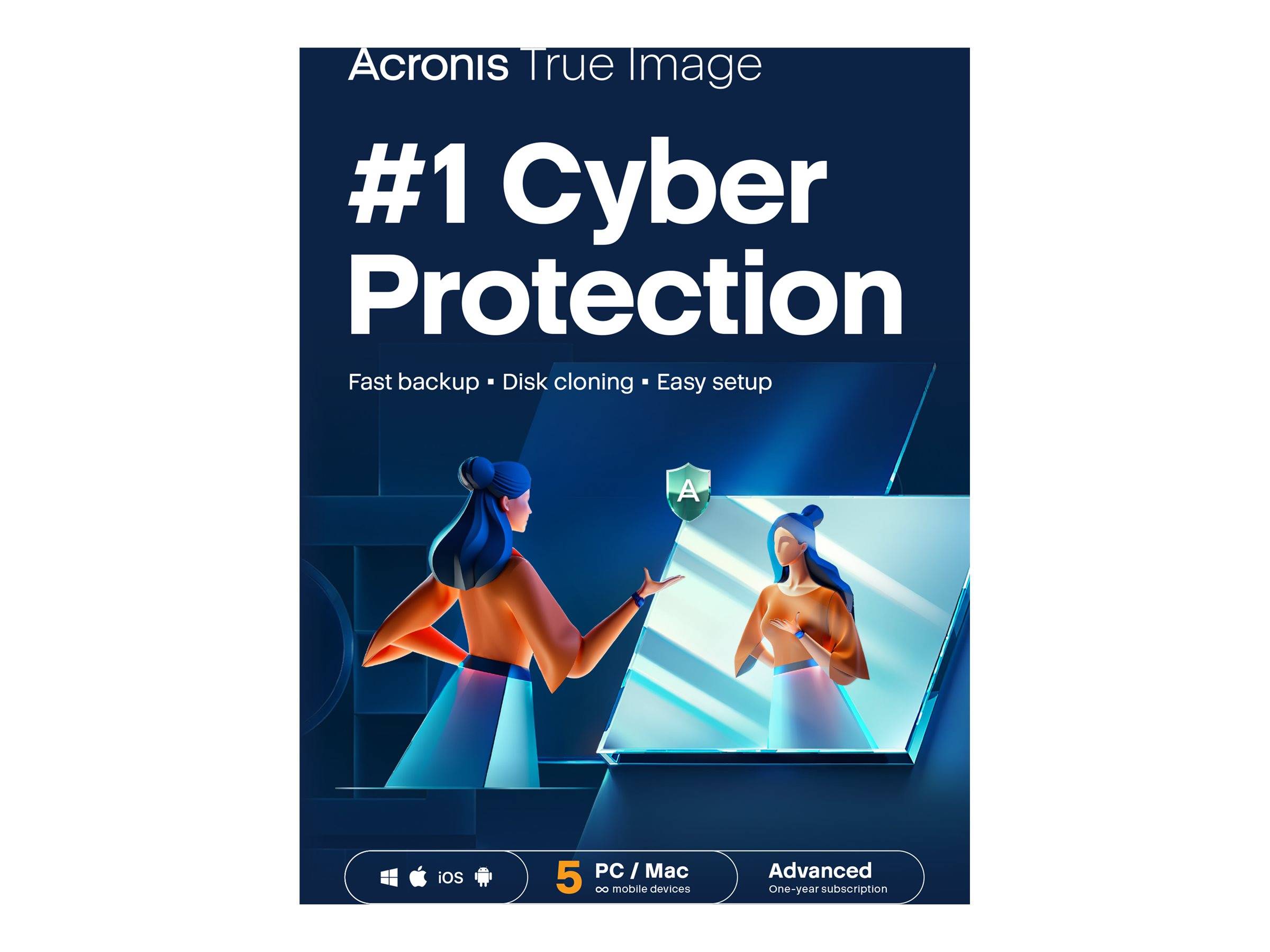 Acronis True Image Anzeige, die '#1 Cyberschutz' bewirbt, mit schneller Sicherung, Festplattenklonung und einfacher Einrichtung, zeigt eine Frau und einen gespiegelten digitalen Schild.