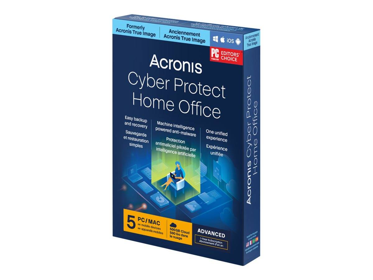 Verpackungskunstwerk für Acronis Cyber Protect Home Office-Software, das den Produktnamen und Funktionen wie Sicherung, Cybersicherheit und Machine Intelligence auf einer dunkelblau gefärbten Schachtel zeigt.