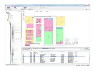 Benutzeroberfläche im Desktop-GIS/CAD-Stil mit farbcodiertem Grundriss mit beschrifteten Raumbereichen, seitlicher Navigationsstruktur und Datentabelle mit Datensätzen darunter.