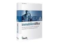 Schachtel der ImmobilienOffice-Software mit blauem Banner und einer Personenillustration auf der Vorderseite, mit der Marke 'FHouse'.