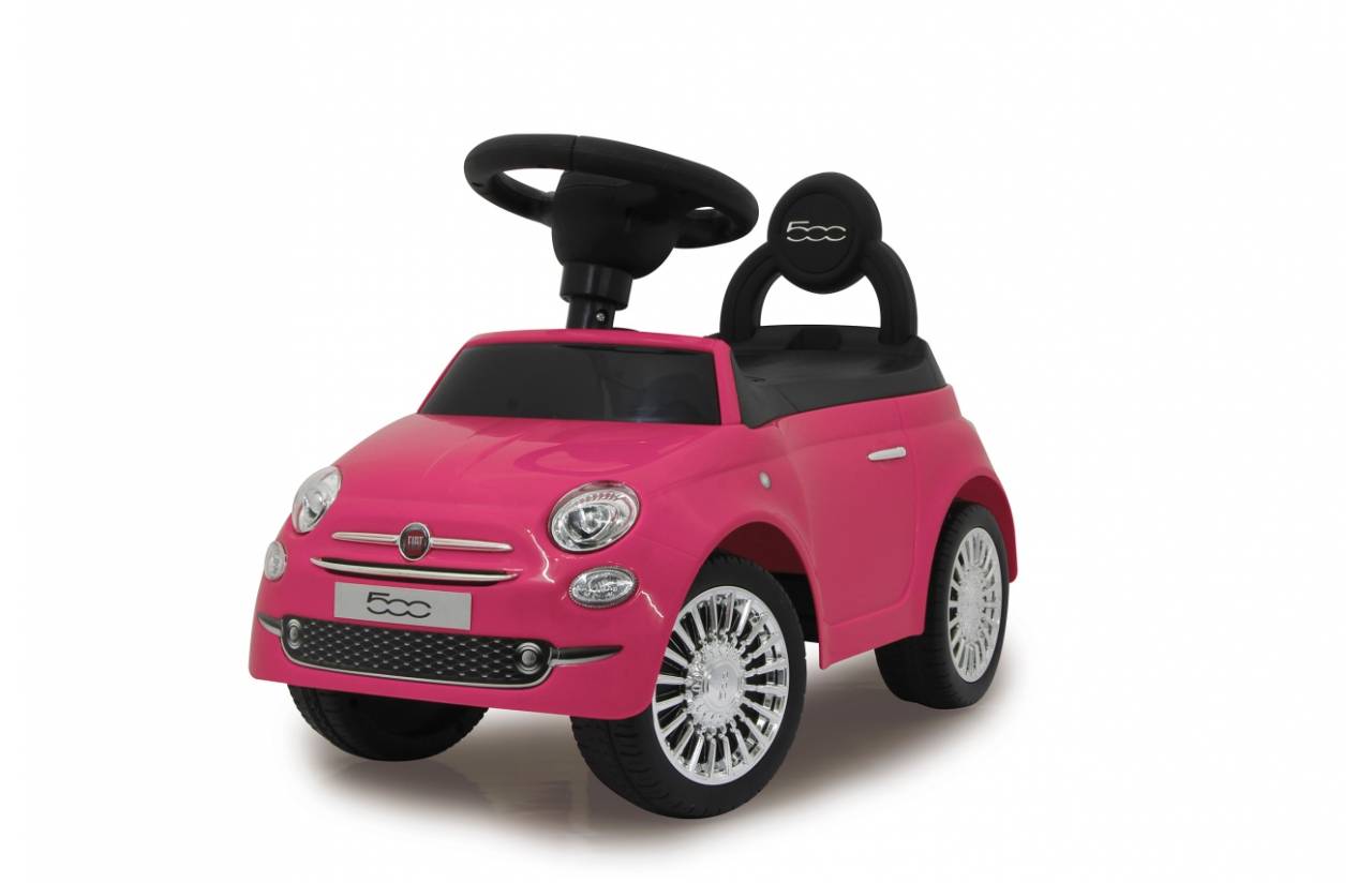 Rosa Kinderfahrzeug mit Lenkrad und Rückenlehne, gestaltet wie ein Fiat 500 auf weißem Hintergrund.